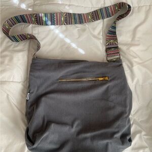 Gray Shoulder Bag with Patterned Strap